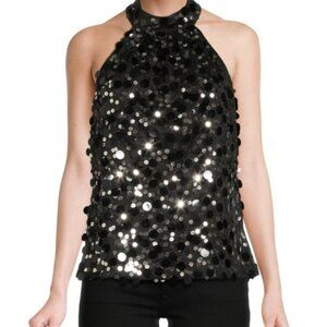 Ramy Brook Sz XS Bri Paillette Halter Top Sequin High-Neck Black Silver NWT